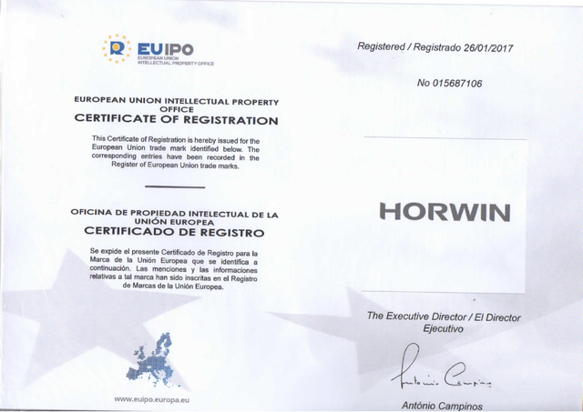 Свидетельство о регистрации бренда HORWIN в EUIPO